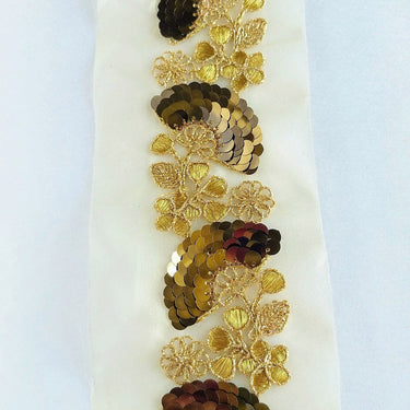 Gold Sheer Fabric Trim With Antique Gold Floral Embroidery And Metallic Sequins Embellishments, Approx. 95mm Wide - 210119L123